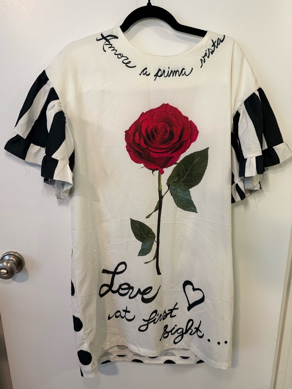 Unique D&G Style White Graphic Rose Shift Dress with Vintage Polka Dots